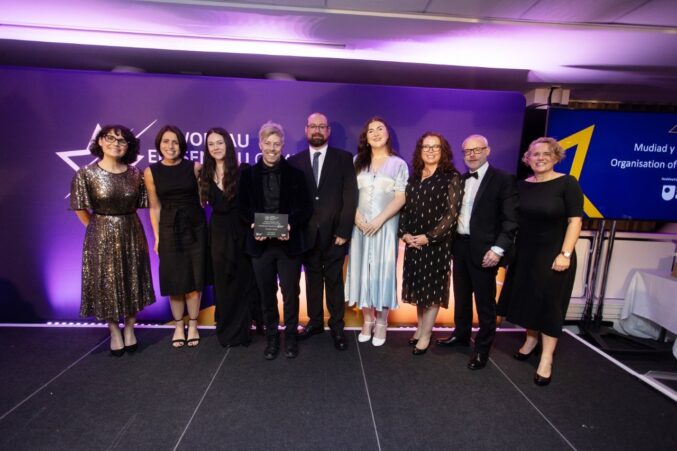 A group of nine people standing on a stage at the Welsh Charity Awards. One person in the center is holding an award plaque.