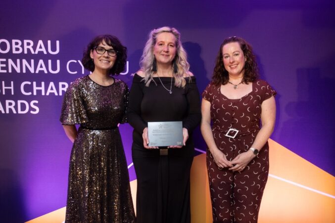 A group of three people standing on a stage at the Welsh Charity Awards. One person in the center is holding an award plaque.